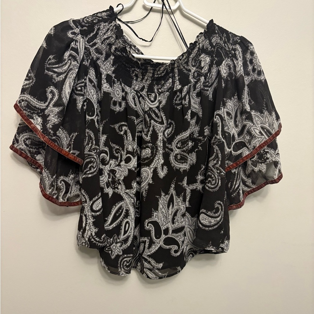 LOFT Black and White Paisley Blouse with Red Trim